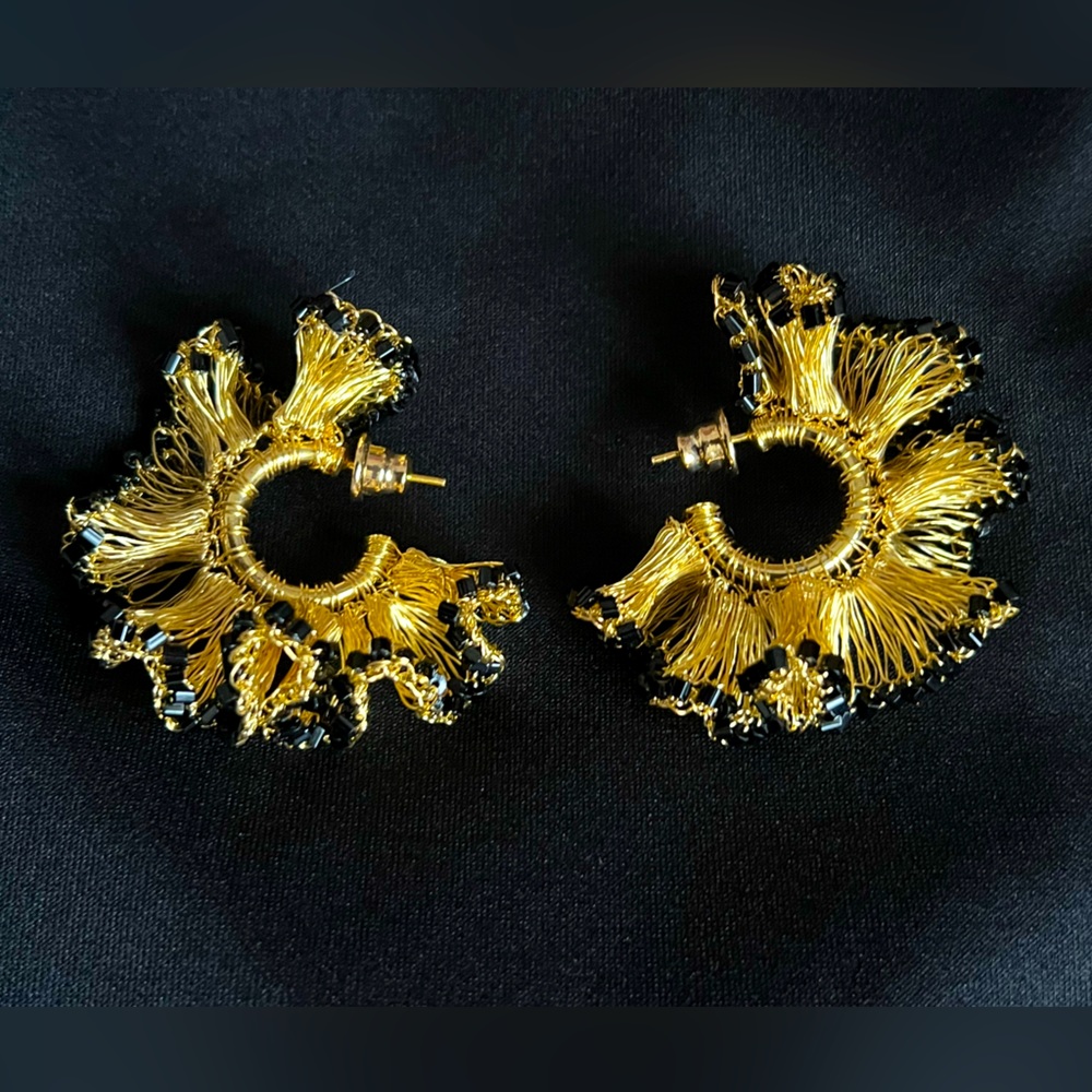Unique artisan fashion jewelry earrings, gold color wire with black beads